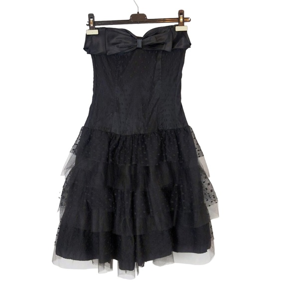 Vtg 80s Black Polka Dot Tulle Strapless Ruffle Tiered Mini Party Prom Dress - Picture 6 of 9